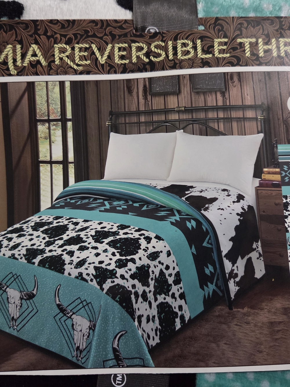MIA Turquoise and Black Cowhide-Print Reversible Comforter